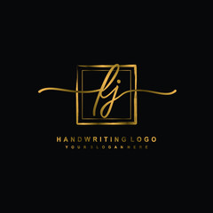 Initial F J handwriting logo design, with brush box lines gold color. handwritten logo for fashion, team, wedding, luxury logo.