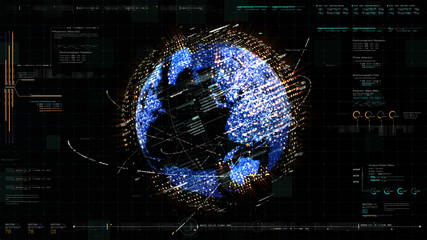 Poster - Futuristic HUD global 5G worldwide communication via broadband internet connections between cities around the world with matrix particles continent map for head up display background