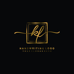 Initial K F handwriting logo design, with brush box lines gold color. handwritten logo for fashion, team, wedding, luxury logo.