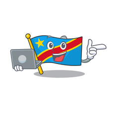 Sticker - Happy smiling flag democratic republic cartoon character working with laptop