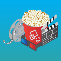 Wall Mural - 3D illustration of soft drink glass with popcorn bucket, film reel and clapboard on blue background.