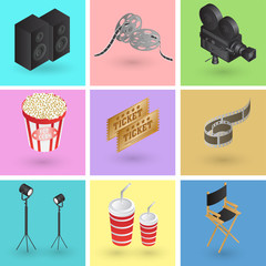 Wall Mural - Collection of colorful cinema or movie objects in 3d style.