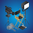 © Abdul Qaiyoom - Realistic director chair with video camera; spot light; film reel and clapper on blue background.