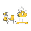 businessman working on laptop connecting to cloud yellow stick figure