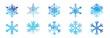 Big bundle set of blue hand drawn doodle watercolor snowflakes