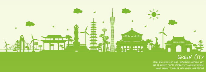 Green city of Guangzhou, China. Environment and ecology concept. Vector illustration.