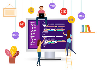 Wall Mural - team writes code programming for a game, app or website. concept for web page, banner, social media.