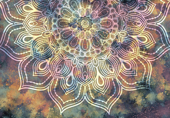 Abstract mandala graphic design and watercolor digital art painting for ancient geometric concept background