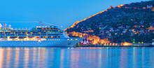 Beautiful White Giant Luxury Cruise Ship On Stay At Alanya Harbor