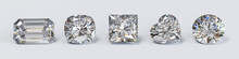 Five Popular Diamond Cut Styles: Round, Princess, Heart, Cushion, On White Background