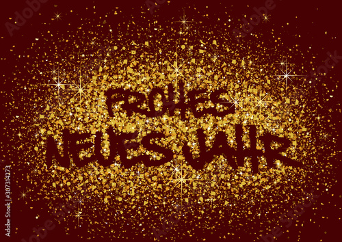German Happy New Year Greeting with Gold Glitters on Red Background - Festive...