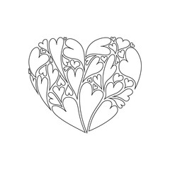 Heart illustration shape made of many smaller hearts inside, line art hearts on  white background. For valentines day and love symbol and icon. For printing on kids coloring book and page. Raster