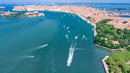 Venetian lagoon and cityscape of Venice city aerial drone view from above, Italy