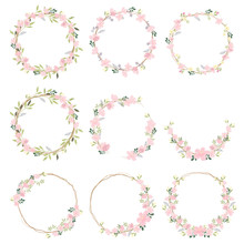 Beautiful Pink Sakura Or Cheery Blossom Flower Wreath Collection Eps10 Vectors Illustration