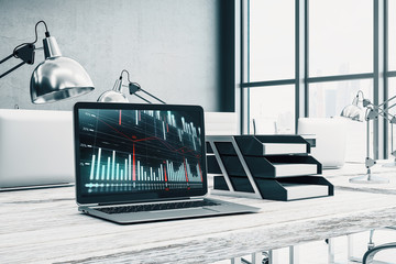 Wall Mural - Cabinet desktop interior with financial charts and graphs on computer screen. Concept of stock market analysis and trading. 3d rendering.