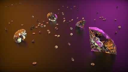 Wall Mural - Group of Clear Diamonds on purple dark matte background. 3d rendering