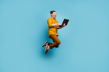 Canvas Print - full body photo of cheerful excited man jump use computer search online social media black friday sa