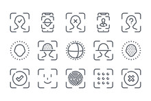 Face Identification And Recognition Related Line Icon Set. Technology Scan Access Protection Linear Icons. Biometric Authentication Outline Vector Sign Collection.