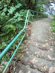 Sticker - Forest river stairs in perspective. Outdoor stairs with iron fence and autumn leaves background. Stairs to climb around nature with fresh river view. Life challenge & adventure concept.
