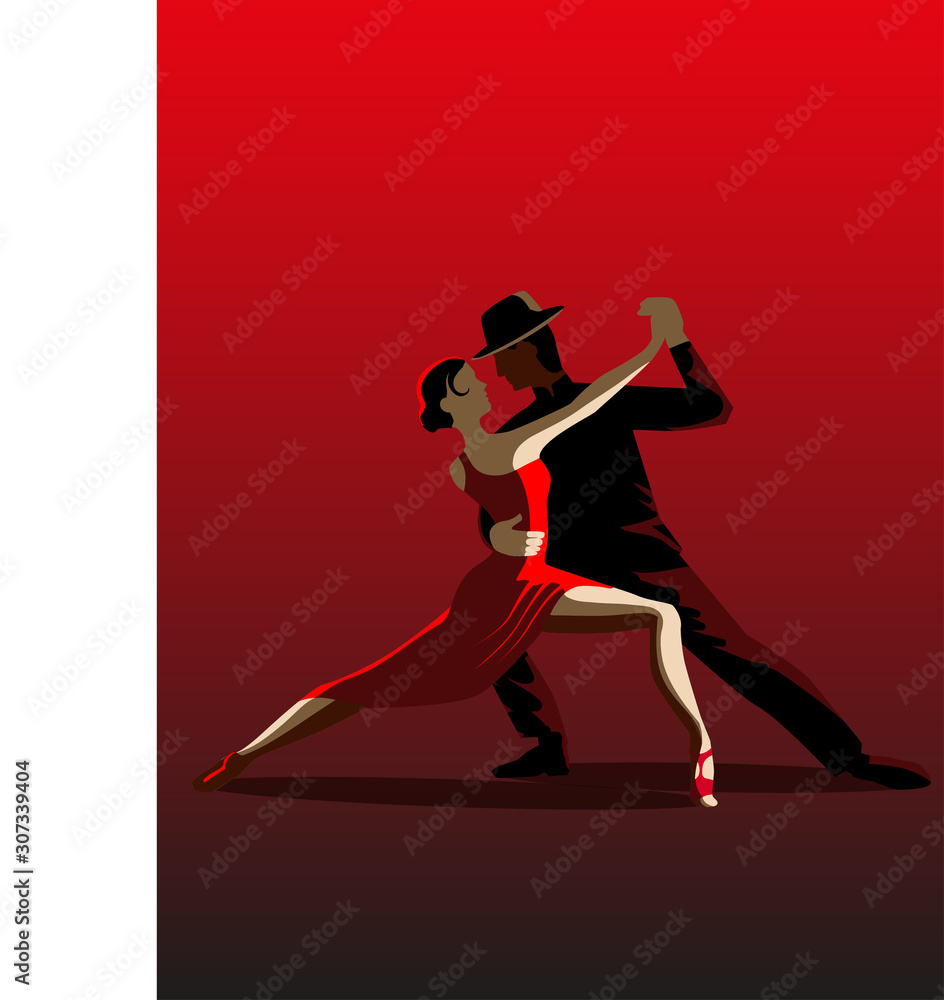 Beautiful couple dancing tango. A woman in a red dress and a man in a black suit and hat. Illustration in red and black color. - obrazy, fototapety, plakaty 