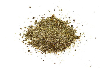 Wall Mural - Ground hemp seed isolated on white background. Hemp seeds, a plant based source of omega-3 fatty acids.