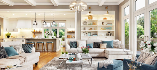luxurious interior design living room and white kitchen. open plan interior.