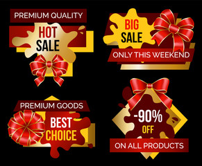 Wall Mural - Shopping stickers or label big discount and best choice. Logotype limited promotion decoration by ribbon and bow. Super sale shop now, poster fantastic offer and special price on holiday vector