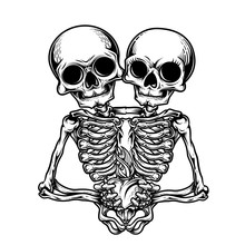 Two Headed Skeleton Mascot With Sacred Heart In His Hands. Handcrafted Vector Illustration In Engraving Technique. Good For Greeting Cards, Banners, Stickers, T-shirts And Posters.