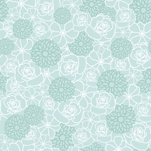 Floral Vector Repeat Pattern With White And Green Flowers On Light Green Background. One Of "Tea Garden Party" Collection Patterns.