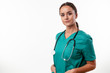 © JustLife - Cheerful female doctor in green uniform. Portrait of nurse in with stethoscope.