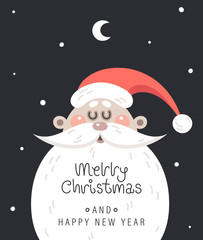 Merry christmas and happy new year greeting card. Festive inscription and Santa Claus head with a large beard against the background of the moon and falling snow. Vector illustration.