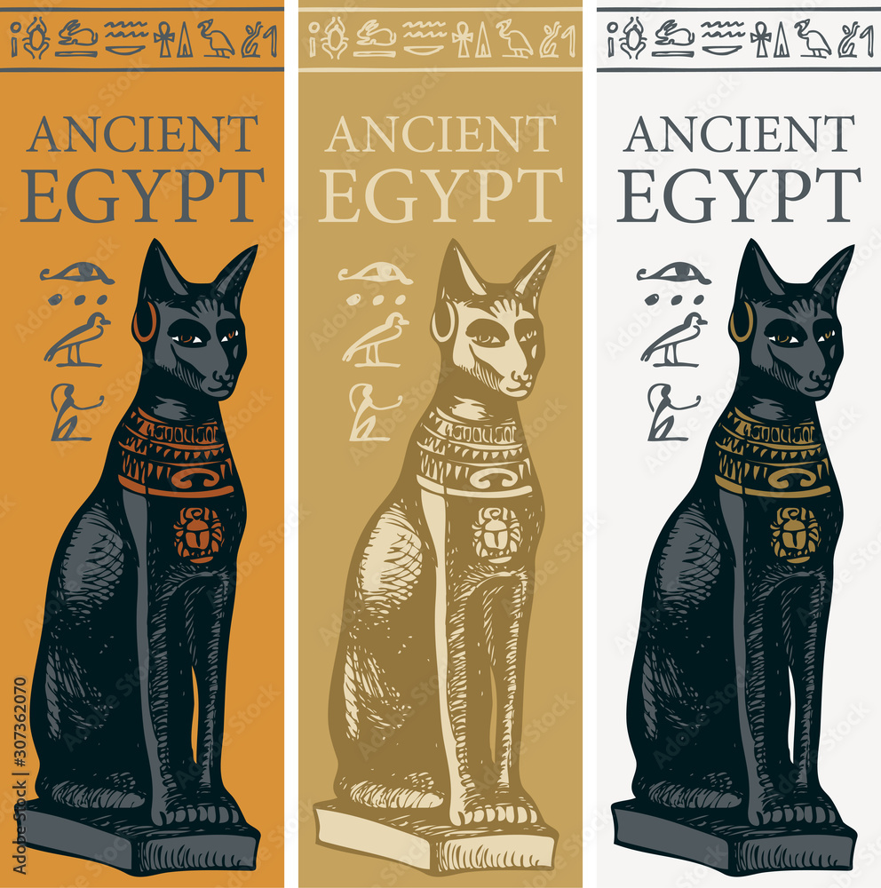 Set of vector banners with goddess Bastet and hieroglyphs. The Ancient ...