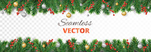 Vector Christmas Decoration. Christmas Tree Border With Holly Berry And Ornaments