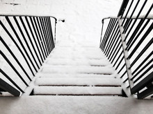 Dangerous Slippery Stairs And Old Handrail In The Winter In The Snow