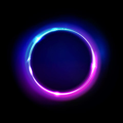 neon circle sign vector. light and glow round frame isolated on black background. purple, violet, bl