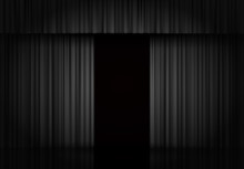 Black Curtain Stage Vector Background. Dark Velvet Drape. Open Drapery. Theater Scene, Opera, Concert Or Cinema. 3d Object. Curtain Stage.