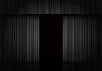 Black curtain stage vector background. Dark velvet drape. Open drapery. Theater scene, opera, concert or cinema. 3d object. Curtain stage.
