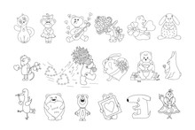 Valentine's Day Vector Coloring Pages For Kids. Cute Cartoon Animals With Hearts And Flowers For Valentines Cards Or Coloring Books. Funny Teddy Bears, Rabbits, Birds, Cat, Dog And Mouse 
