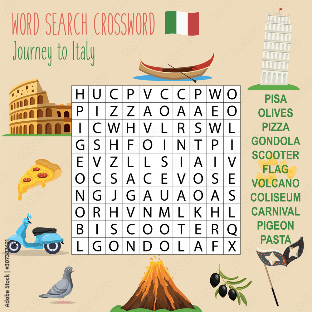 Easy word search crossword puzzle 'journey to italy', for children ...