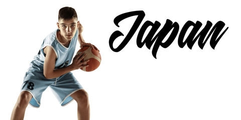 Portrait of young basketball player with ball isolated on white studio background. Teenager confident posing with ball. Concept of sport, movement, healthy lifestyle, ad, action, motion. Japan. Flyer.