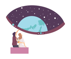 Sticker - Young Couple Sitting in Planetarium and Watching Stars on Projection Vector Illustration