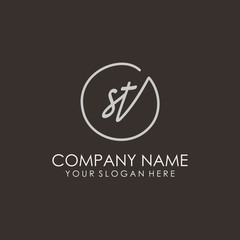 ST initials signature logo. Handwritten vector logo template connected to a circle. Hand drawn Calligraphy lettering Vector illustration.