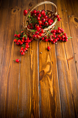 Wall Mural - ripe red dogrose in a basket on a wooden