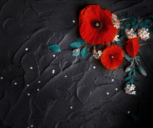 Bouquet Of Red Poppies And White Spiraea On A Black Background. Wild Flowers.