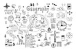 Symbols and drawings for a school geography lesson, set on a white background. Hand drawn vector doodle line illustration. Globe, world map, animals, signs, schemes. Design of cover, banner.