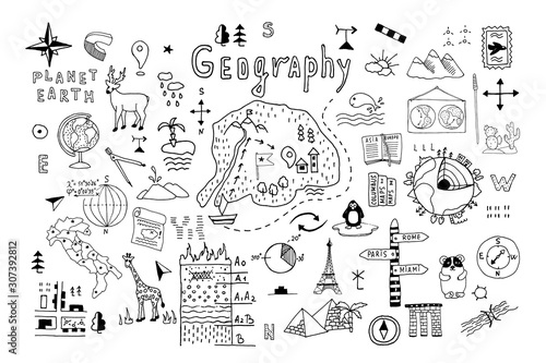 Cuadros en Lienzo Symbols and drawings for a school geography lesson, set on a white background
