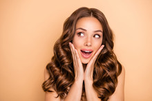 Close-up Portrait Of Nice Attractive Lovely Feminine Sensual Gorgeous Cheerful Cheery Girlish Wavy-haired Girl Enjoying Expecting Sale Give Away Isolated On Beige Pastel Color Background