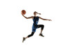 © master1305 - Young caucasian female basketball player of team in action, motion in jump isolated on white background. Concept of sport, movement, energy and dynamic, healthy lifestyle. Training, practicing.
