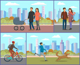 Fototapeta Miasto - Women and men walking in city park in autumn. Cold fall so people in coats. Happy couple and parents with baby stroller smiling. Man riding bicycle and person with pet on leash. Vector illustration