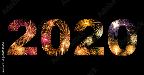 Fotomural New year celebration fireworks on text 2020 for new year's event